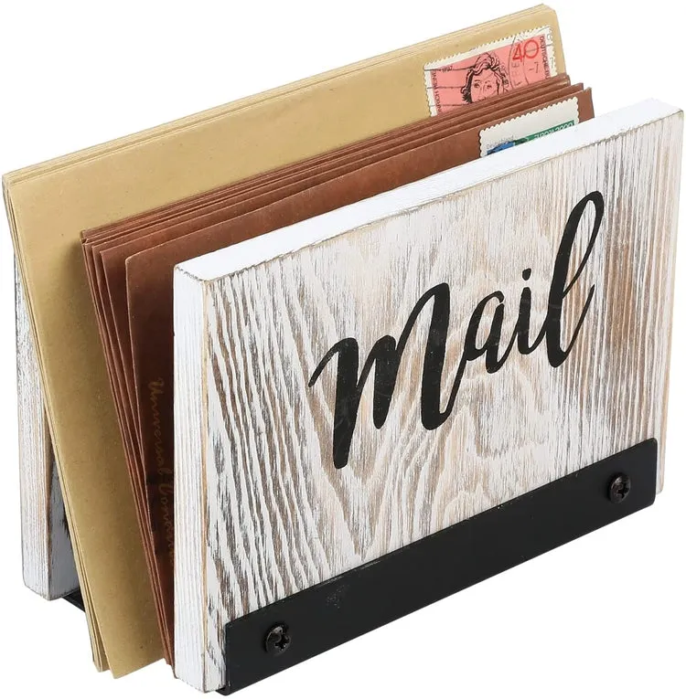 Mail Holder Letter Sorter, Desk Organizer in Whitewashed Wood and Matte Black Metal with MAIL Cursive Print