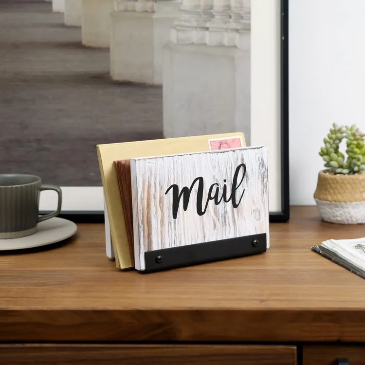 Mail Holder Letter Sorter, Desk Organizer in Whitewashed Wood and Matte Black Metal with MAIL Cursive Print