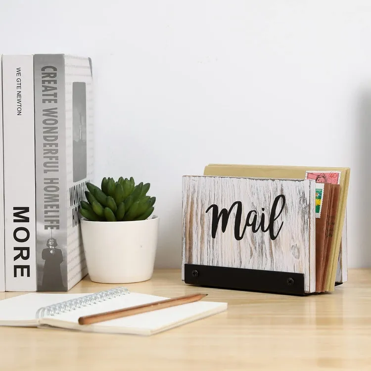 Mail Holder Letter Sorter, Desk Organizer in Whitewashed Wood and Matte Black Metal with MAIL Cursive Print