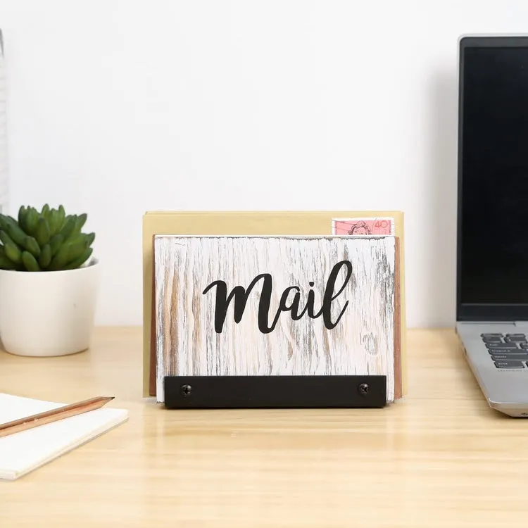 Mail Holder Letter Sorter, Desk Organizer in Whitewashed Wood and Matte Black Metal with MAIL Cursive Print