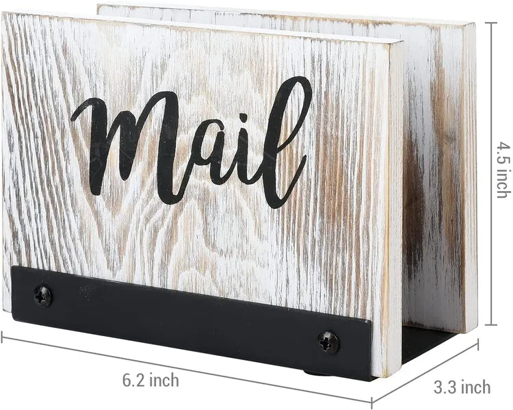 Mail Holder Letter Sorter, Desk Organizer in Whitewashed Wood and Matte Black Metal with MAIL Cursive Print