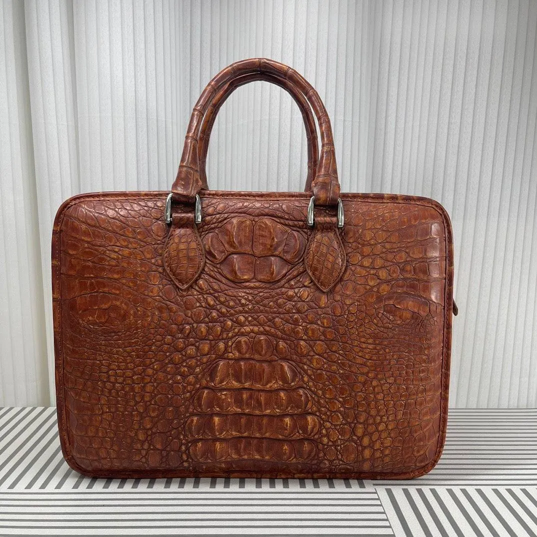 Men's Crocodile Leather Briefcase Red & Brown