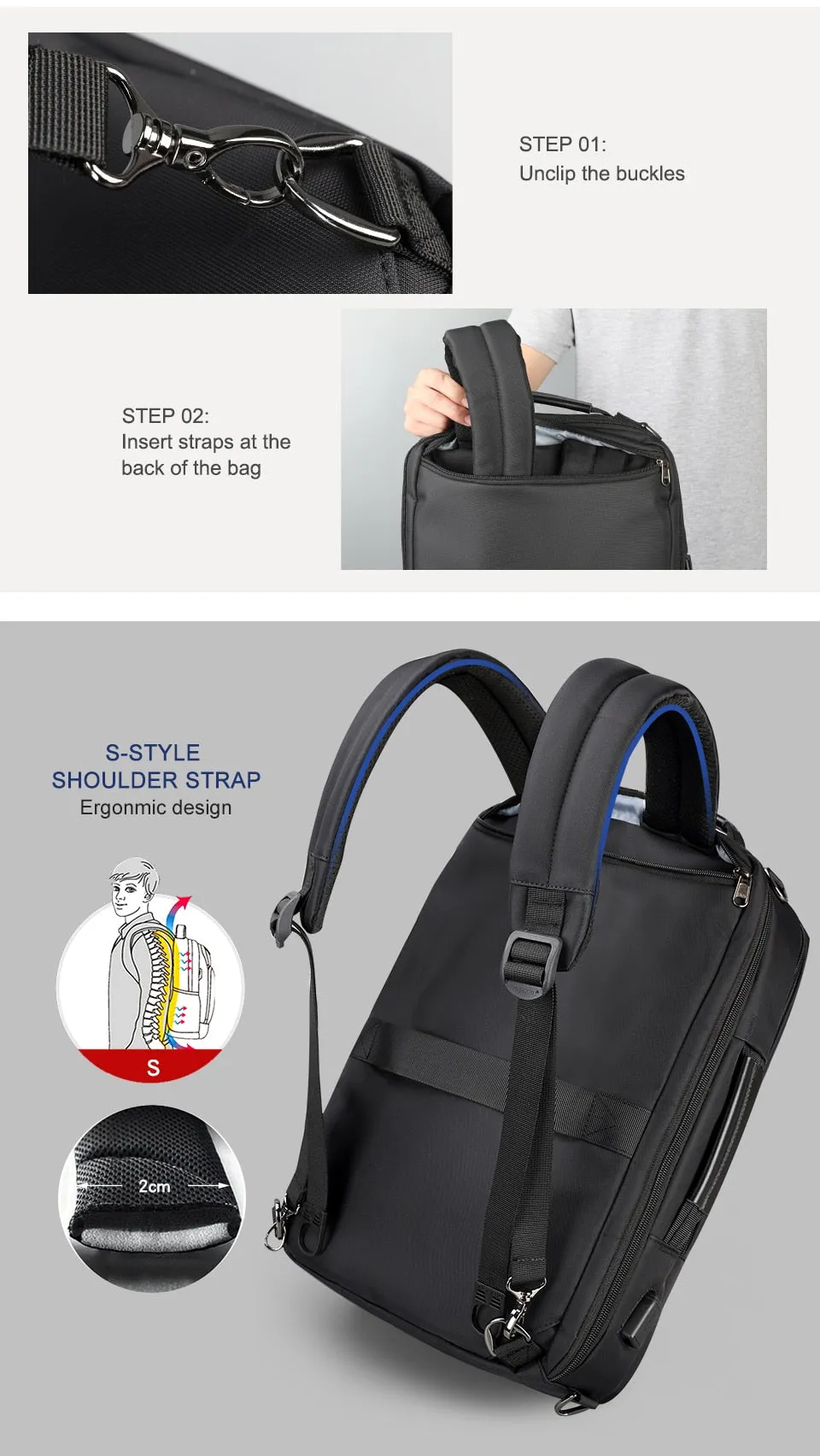 Multi-functional Backpack For 15.6 inch Laptop - Black,Dark Grey