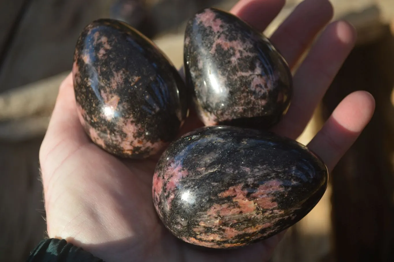 Polished Pink & Black Rhodonite Eggs x 6 From Madagascar