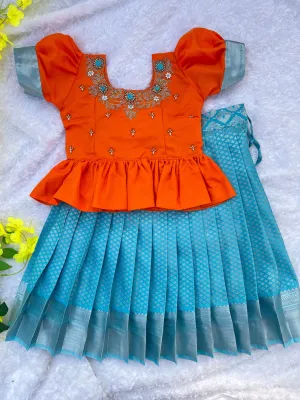 PRE ORDER : Graceful Harmony: Orange Top with Teal Semi-Silk Aari Embellishments