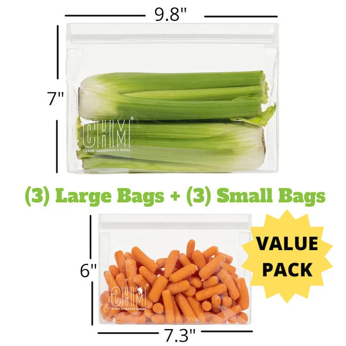 Reusable Food Storage Bags Freezer & Dishwasher Safe 6 Pack 3 Large   3 Small Food Sandwich Bags BPA Free Resealable Plastic Bags For Kitchen Organization or Use As Leakproof Clear Lunch Box Ice Pack