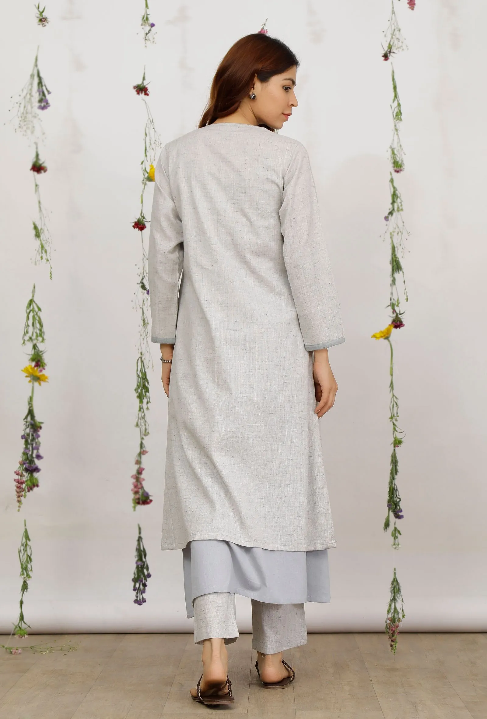 Set of 3:Powder Blue Cotton Khadi Slip Kurta with Side Tie up Kurta and Grey Cotton Khaadi Straight Pants