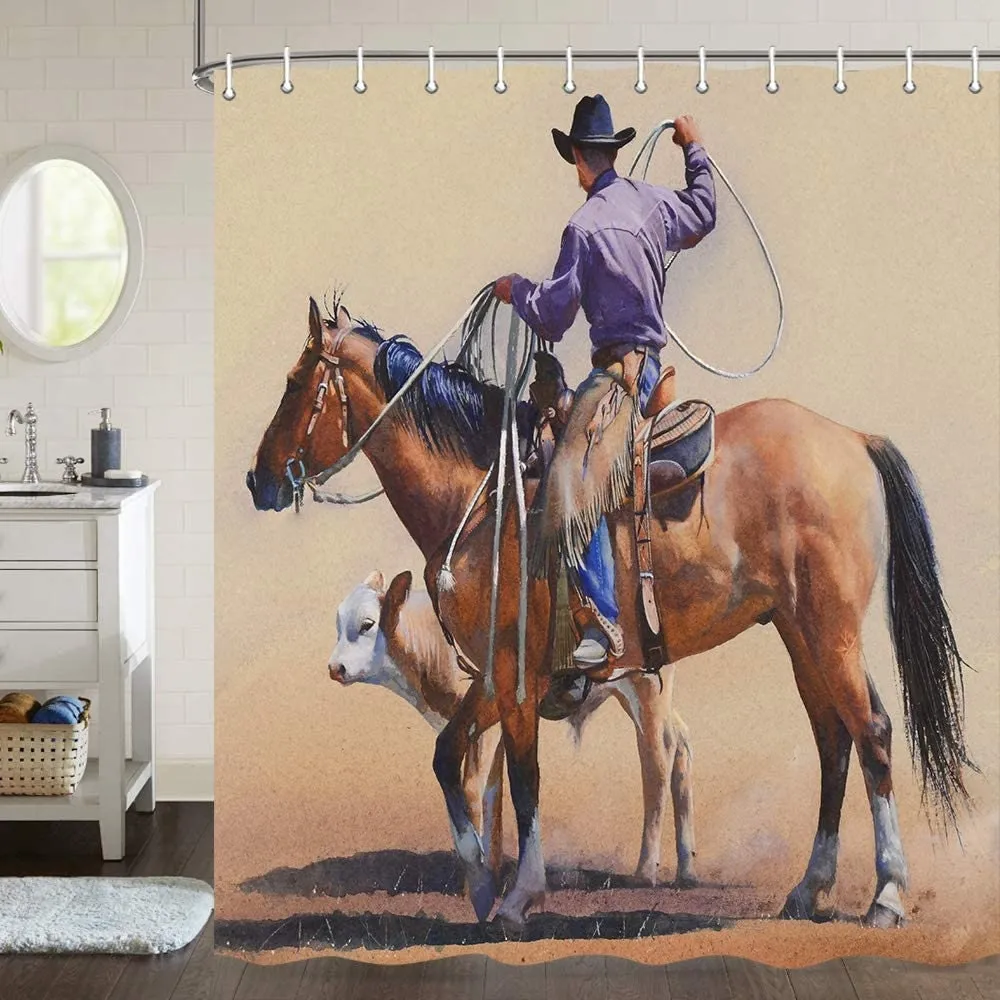 Shower Curtain for Bathroom, Western Cowboy Riding Horse Shower Curtain 69" X 70" in Fabric