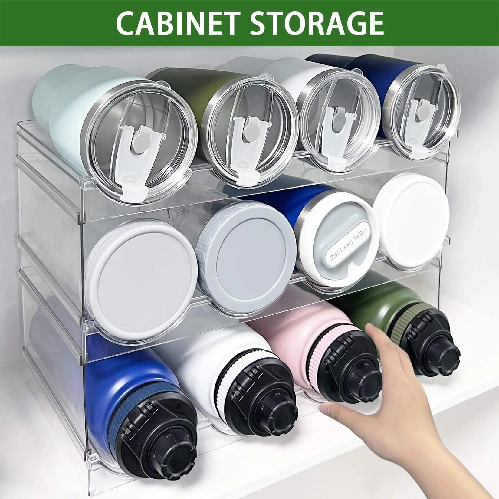 Spaclear 3 Pack Water Bottle Organizer, Stackable Kitchen Home Pantry Organization and Storage Rack, Plastic Water Bottle Holder for Kitchen Cabinet Organizer and Storage, Tumbler Mug Cup Organizer