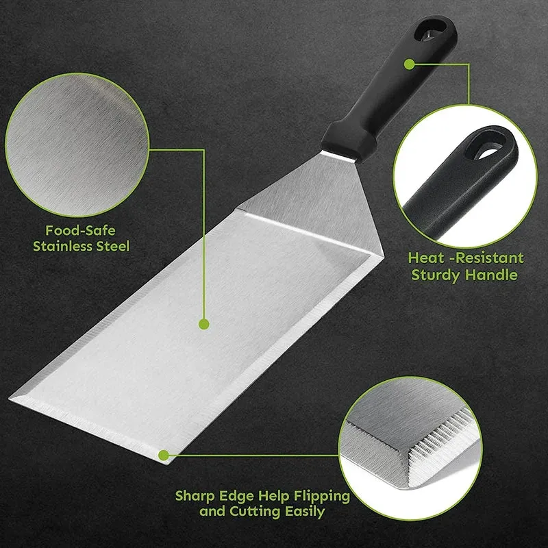 Stainless Steel Long Grill Spatula with Cutting Edges Scraper Tool