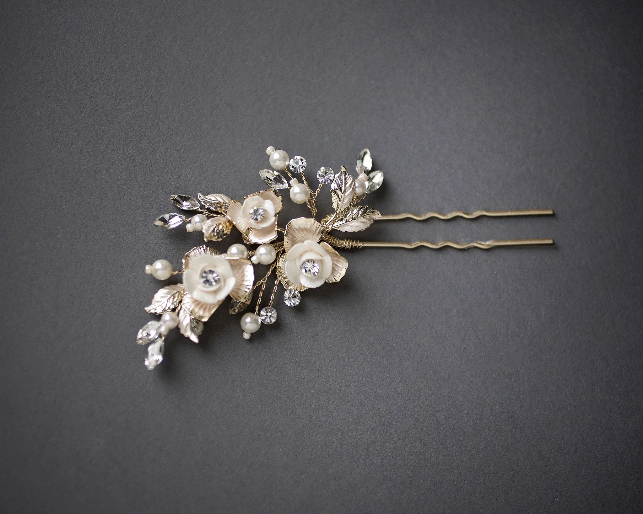 Three Porcelain Flowers Wedding Hair Pin