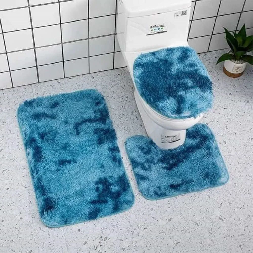 Yellow, Aqua and Yellow Three Piece Plush Rug Bathroom Set