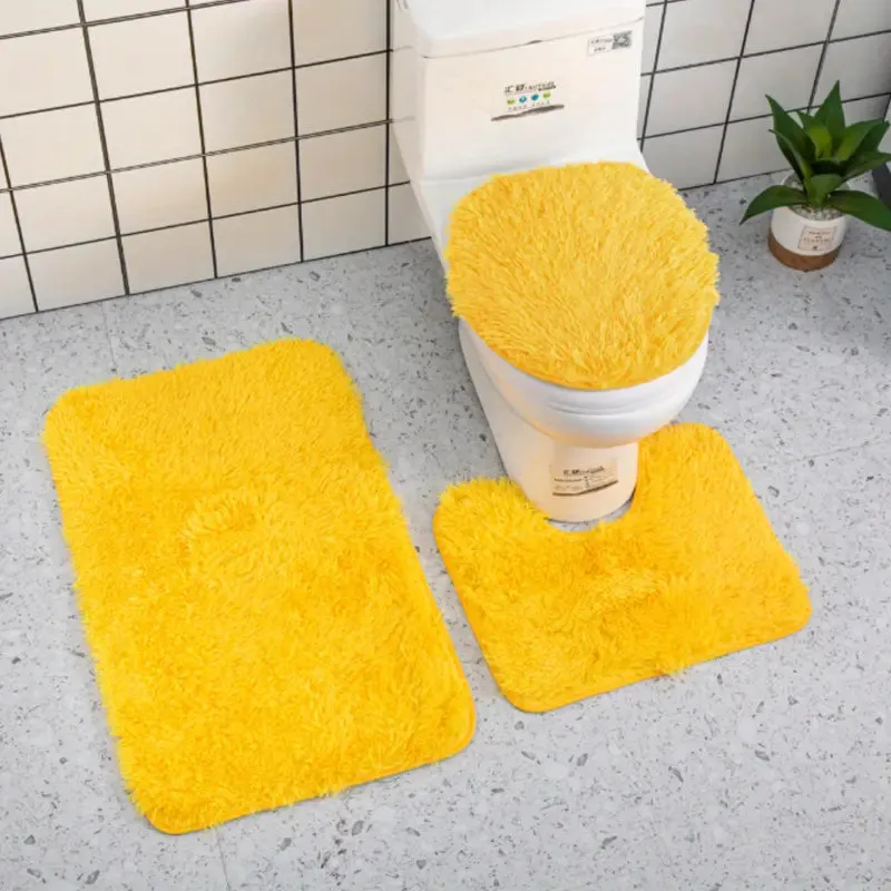 Yellow, Aqua and Yellow Three Piece Plush Rug Bathroom Set